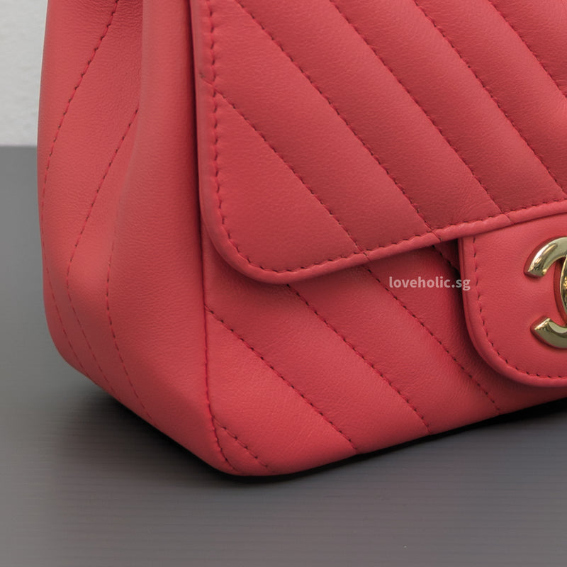 Chanel Classic Flap Chevron Mini Square | Coral Pink Lambskin Gold Hardware-details