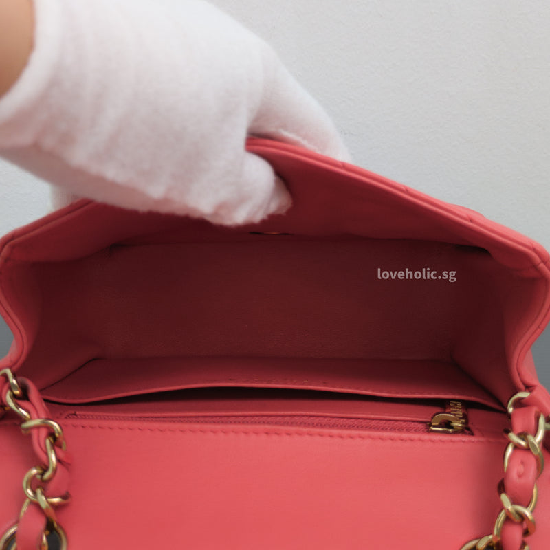 Chanel Classic Flap Chevron Mini Square | Coral Pink Lambskin Gold Hardware-details