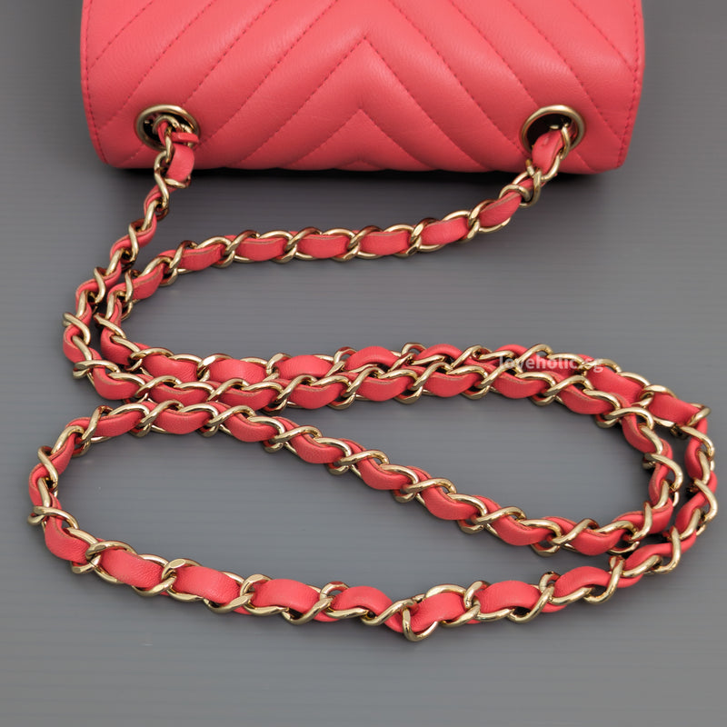 Chanel Classic Flap Chevron Mini Square | Coral Pink Lambskin Gold Hardware-details
