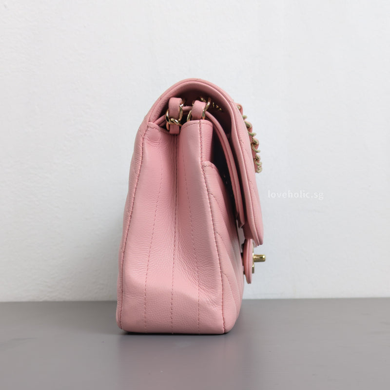 Chanel Classic Flap Chevron Medium | 21S Light Pink Caviar Light Gold Hardware-details