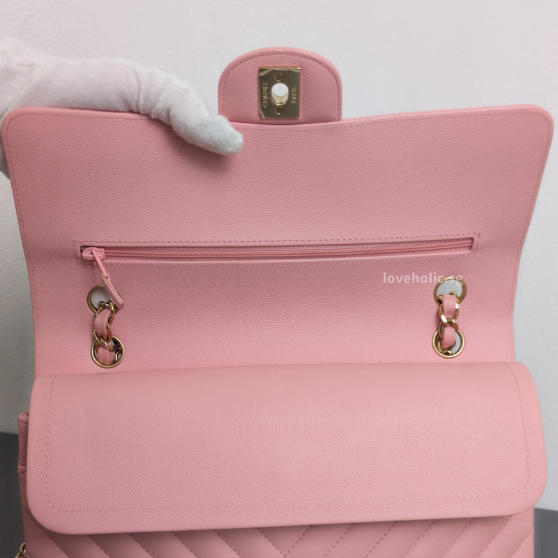 Chanel Classic Flap Chevron Medium | 21S Light Pink Caviar Light Gold Hardware-details