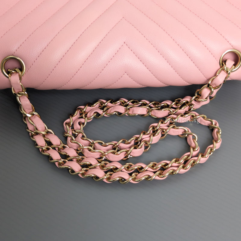Chanel Classic Flap Chevron Medium | 21S Light Pink Caviar Light Gold Hardware-details