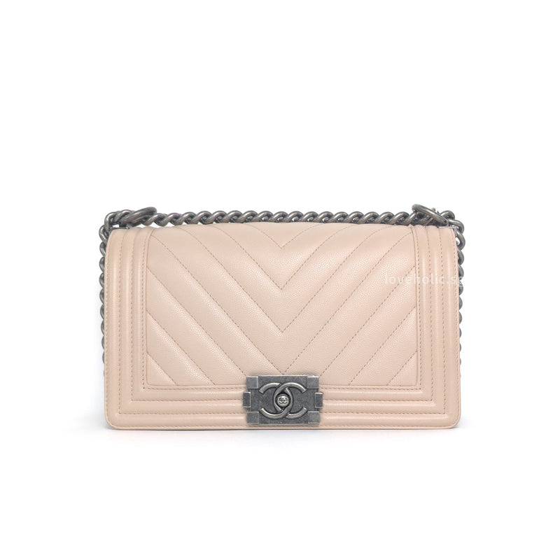 Chanel Boy Chervon Old Medium | Beige Caviar Ruthenium Hardware