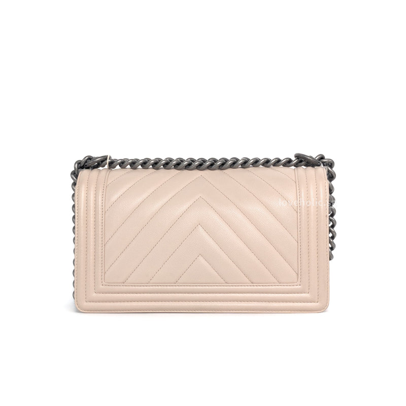 Chanel Boy Chervon Old Medium | Beige Caviar Ruthenium Hardware