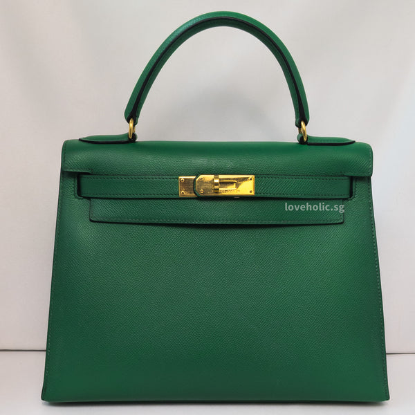 Hermes Vintage Kelly 28  | Green Courchevel Leather Gold Hardware