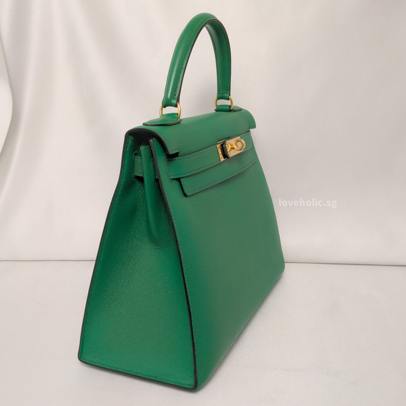 Hermes Vintage Kelly 28  | Green Courchevel Leather Gold Hardware
