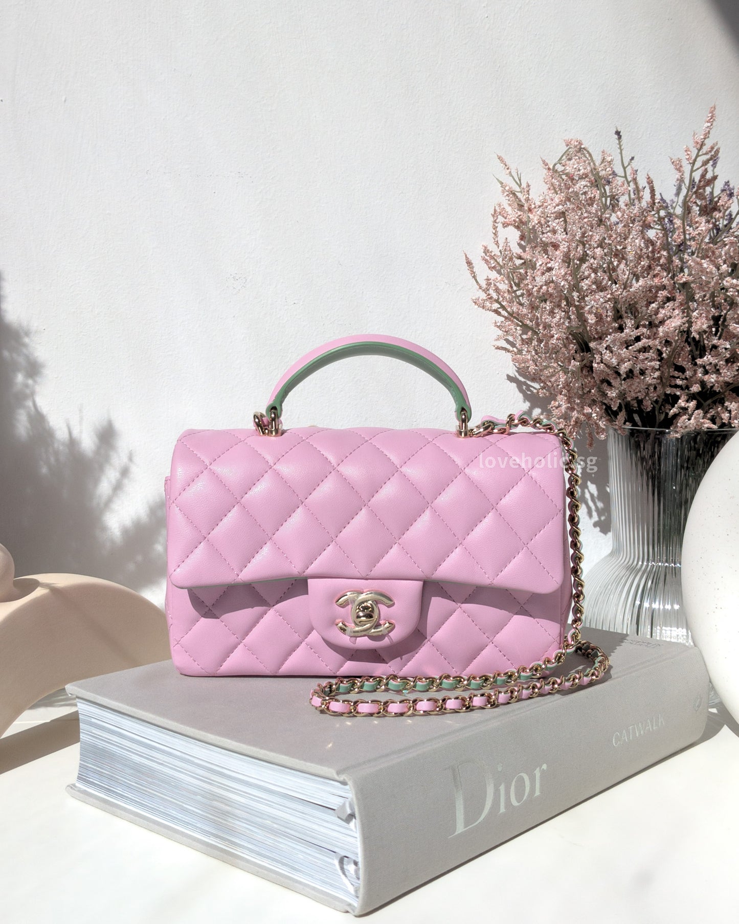 Mini Rectangle with Top Handle 23P Pink/Light Green Lambskin Gold Hardware