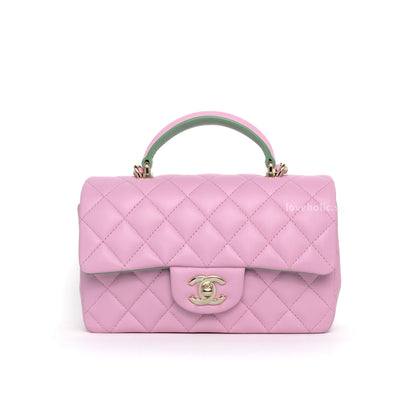 Mini Rectangle with Top Handle 23P Pink/Light Green Lambskin Gold Hardware