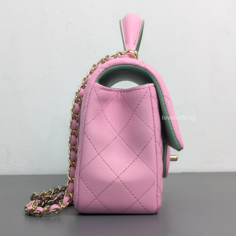 Mini Rectangle with Top Handle 23P Pink/Light Green Lambskin Gold Hardware