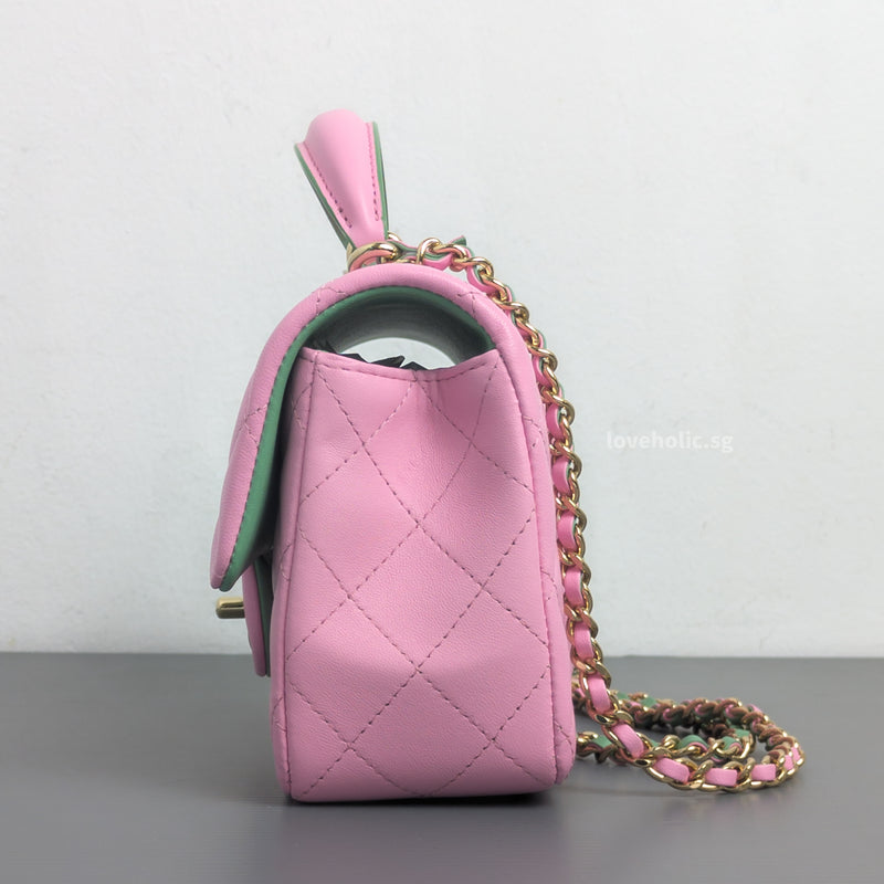 Mini Rectangle with Top Handle 23P Pink/Light Green Lambskin Gold Hardware