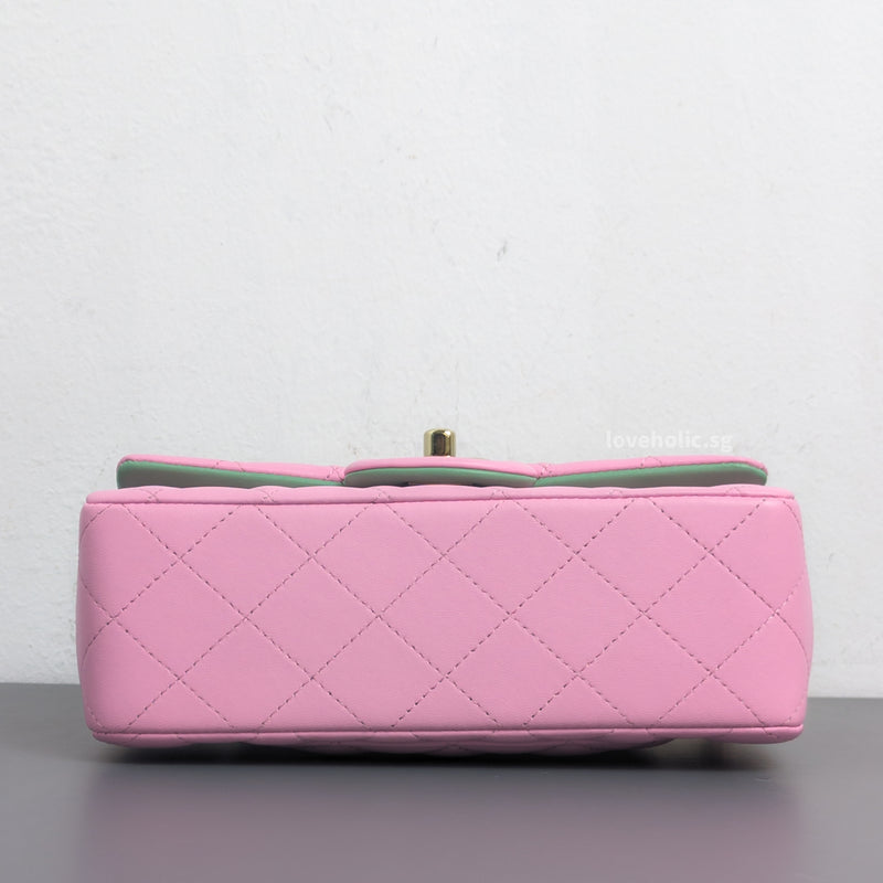 Mini Rectangle with Top Handle 23P Pink/Light Green Lambskin Gold Hardware