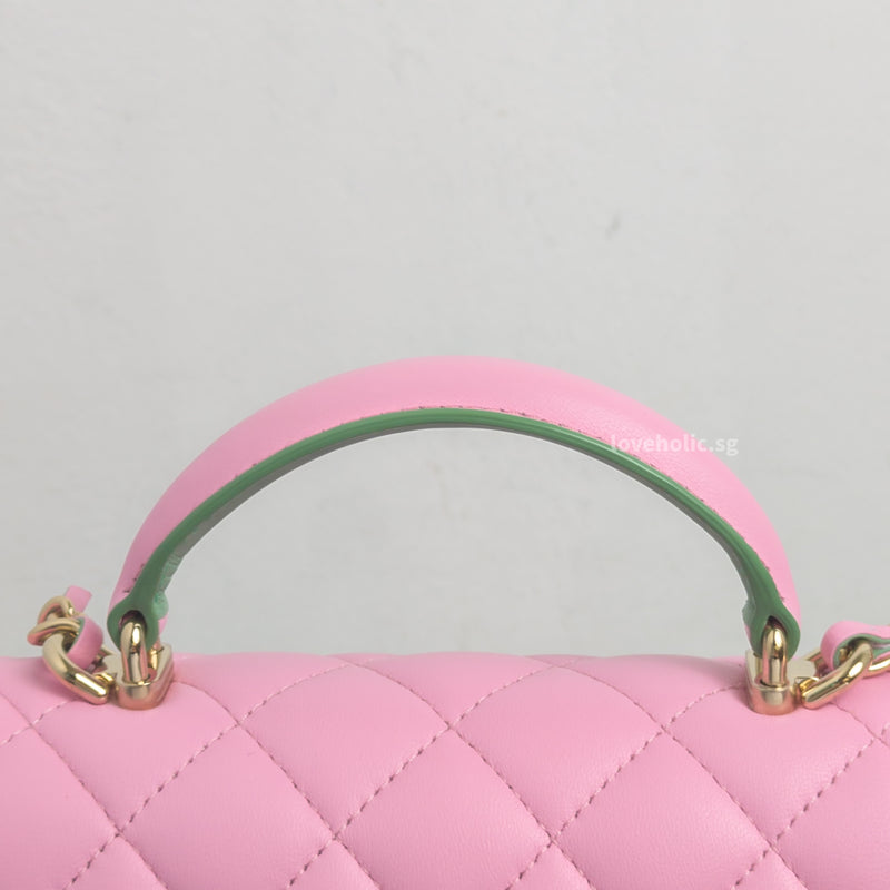 Mini Rectangle with Top Handle 23P Pink/Light Green Lambskin Gold Hardware