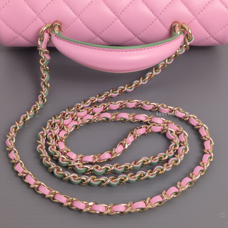 Mini Rectangle with Top Handle 23P Pink/Light Green Lambskin Gold Hardware