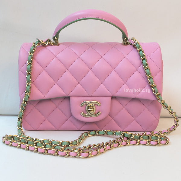 Chanel Top Handle Mini Rectangular Lambskin Pink/Light Green LGHW (Mic