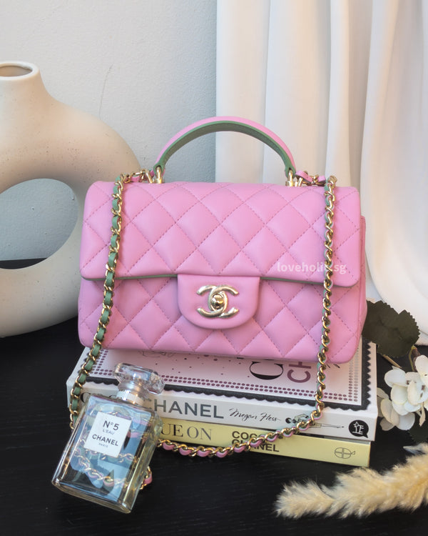 Chanel Mini Rectangle with Top Handle  | 23P Pink/Light Green Lambskin Gold Hardware