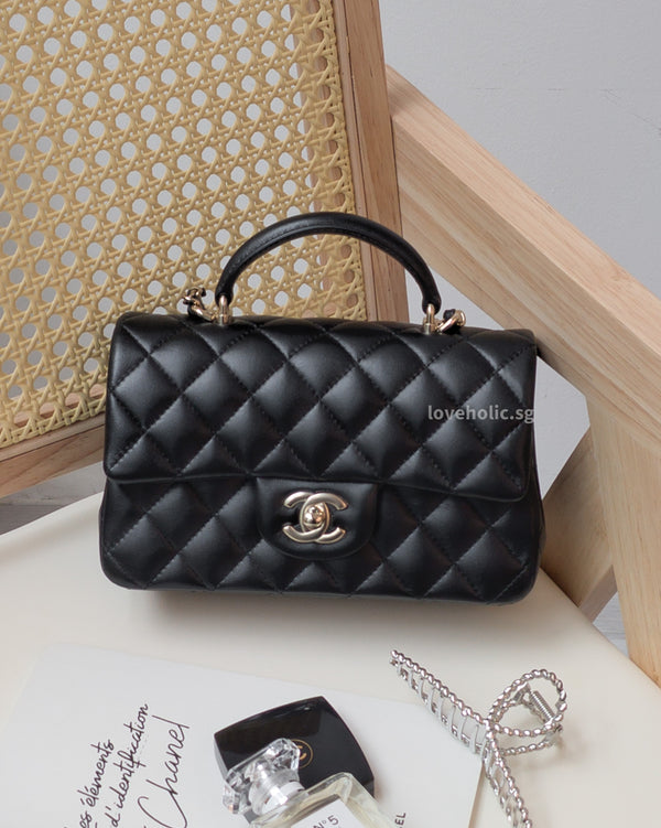 Chanel Mini Rectangle with Top Handle  | Black Lambskin Light Gold Hardware