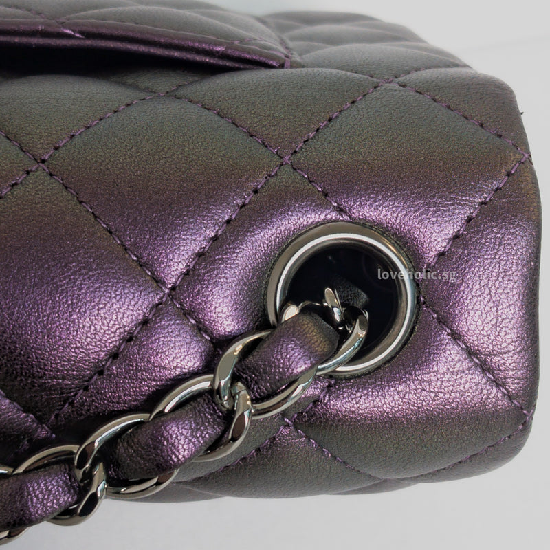 Chanel Classic Flap Mini Rectangle | 17S Iridescent Dark Purple Lambskin Ruthenium Hardware
