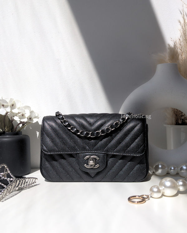 Chanel Classic Flap Chervon Mini Rectangle | 17B Black Caviar Ruthenium Hardware