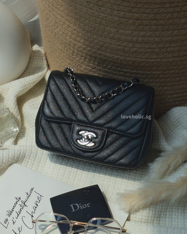 Classic Chevron Mini Square Flap Bag in Black Caviar