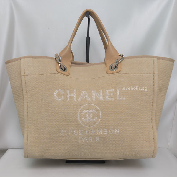 Chanel 22C Deauville Beige Grey Large Shopping 30cm Silver Chain Handle Tote  Bag