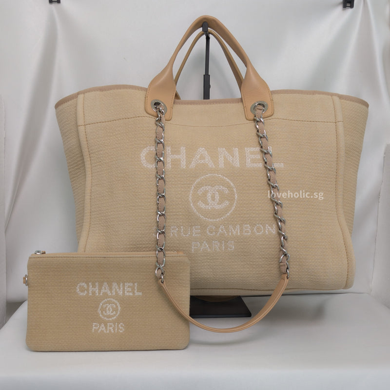 Chanel Deauville Shopping Tote Large  22C Beige Fabric Silver Hardware –  loveholic