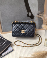 Chanel 24C Double Pearl Flap Bag  | Black Calfskin Brushed Gold Hardware