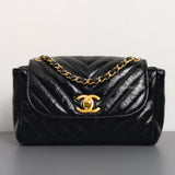 Chanel Hobo Chevron Crossbody Small | Black Aged Calfskin Brushed Gold Hardware-front1