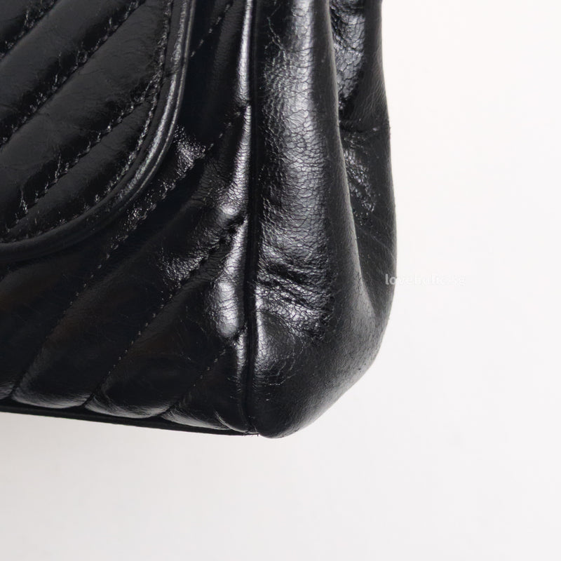 Chanel Hobo Chevron Crossbody Small | Black Aged Calfskin Brushed Gold Hardware-details