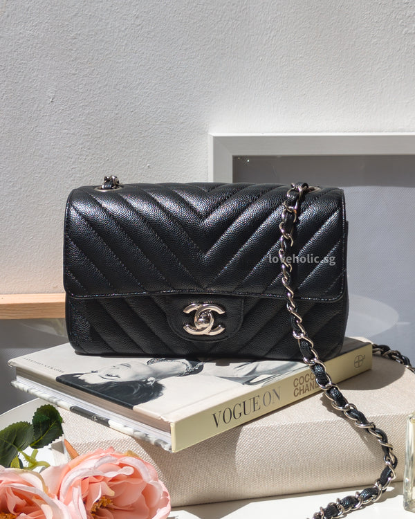 Chanel Classic Flap Chevron Mini Rectangle | 17S Black Caviar Silver Hardware-front