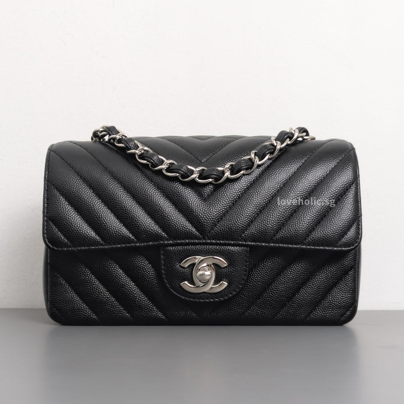 Chanel Classic Flap Chevron Mini Rectangle | 17S Black Caviar Silver Hardware-front1