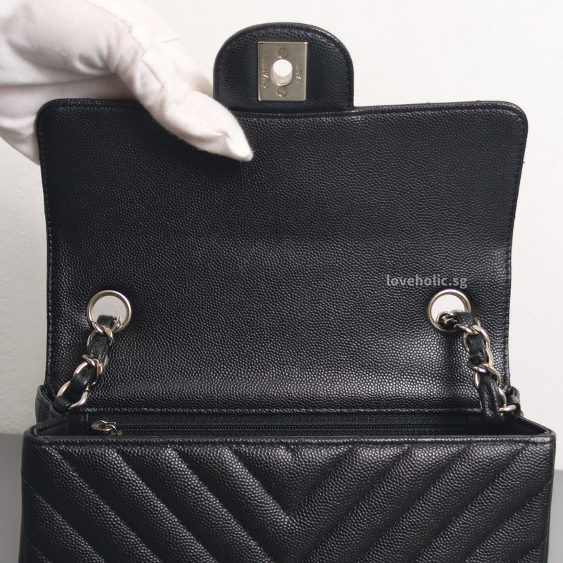 Chanel Classic Flap Chevron Mini Rectangle | 17S Black Caviar Silver Hardware-details