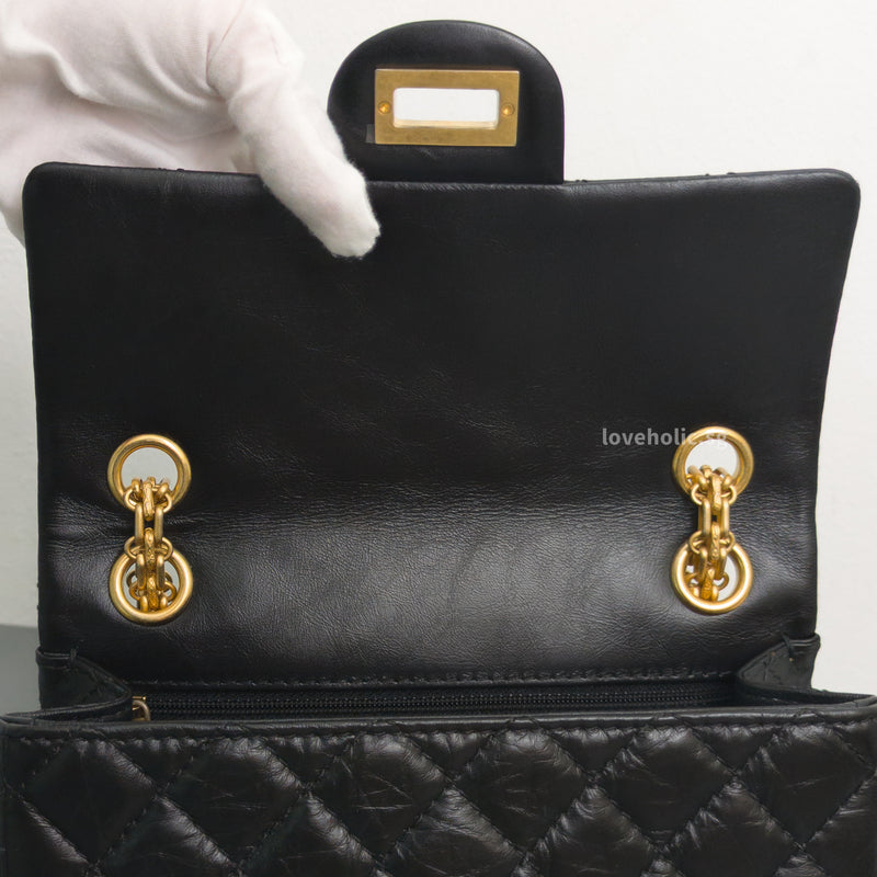 Chanel Reissue 2.55 Mini | Black Calfskin Brushed Gold Hardware-details