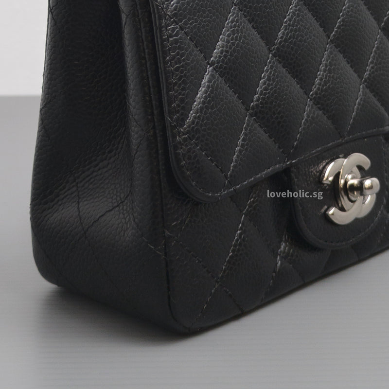 Chanel Vintage Classic Flap Mini Square | Black Caviar Silver Hardware-details