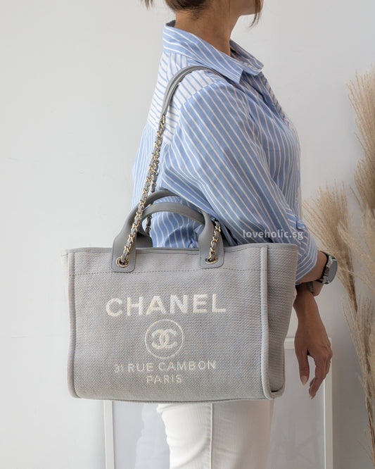Deauville Shopping Tote 23B Grey Canvas Light Gold Hardware