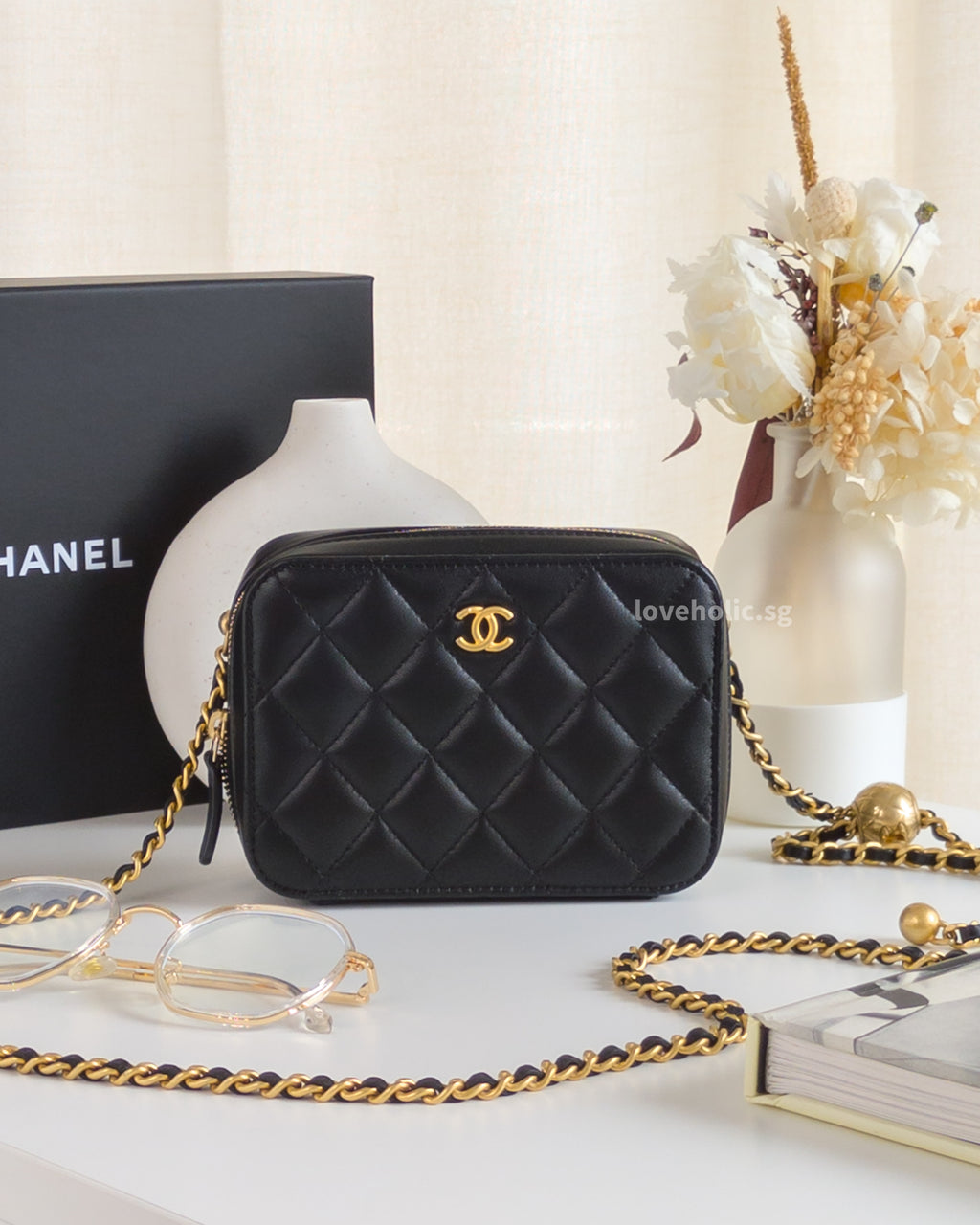 Camera Bag Mini with Pearl Crush | Black Lambskin Brushed Gold