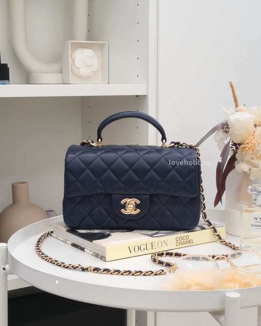 Chanel Mini Rectangle with Top Handle 24P Navy Lambskin Light Gold Hardware-front