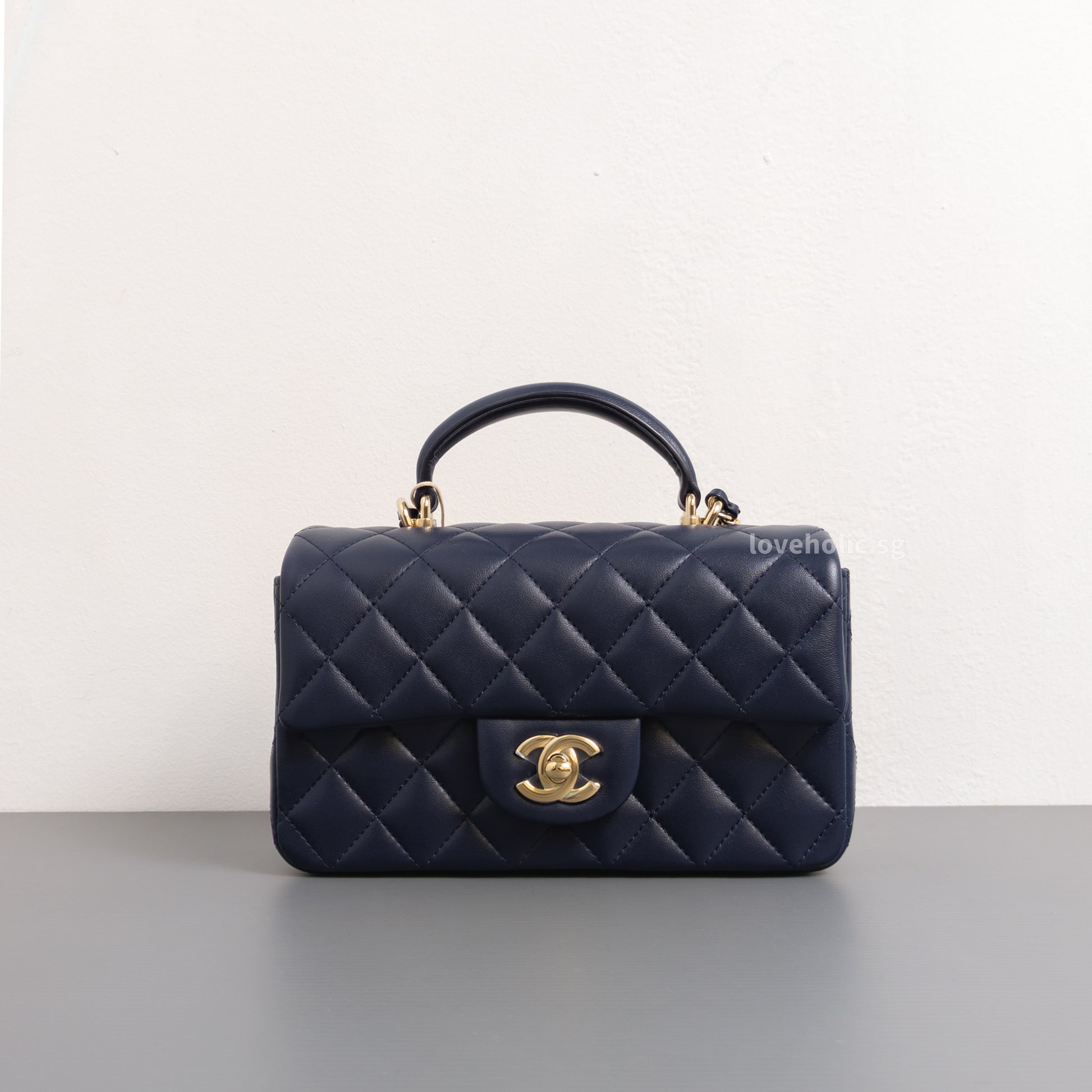 Chanel Mini Rectangle with Top Handle 24P Navy Lambskin Light Gold Hardware-front1