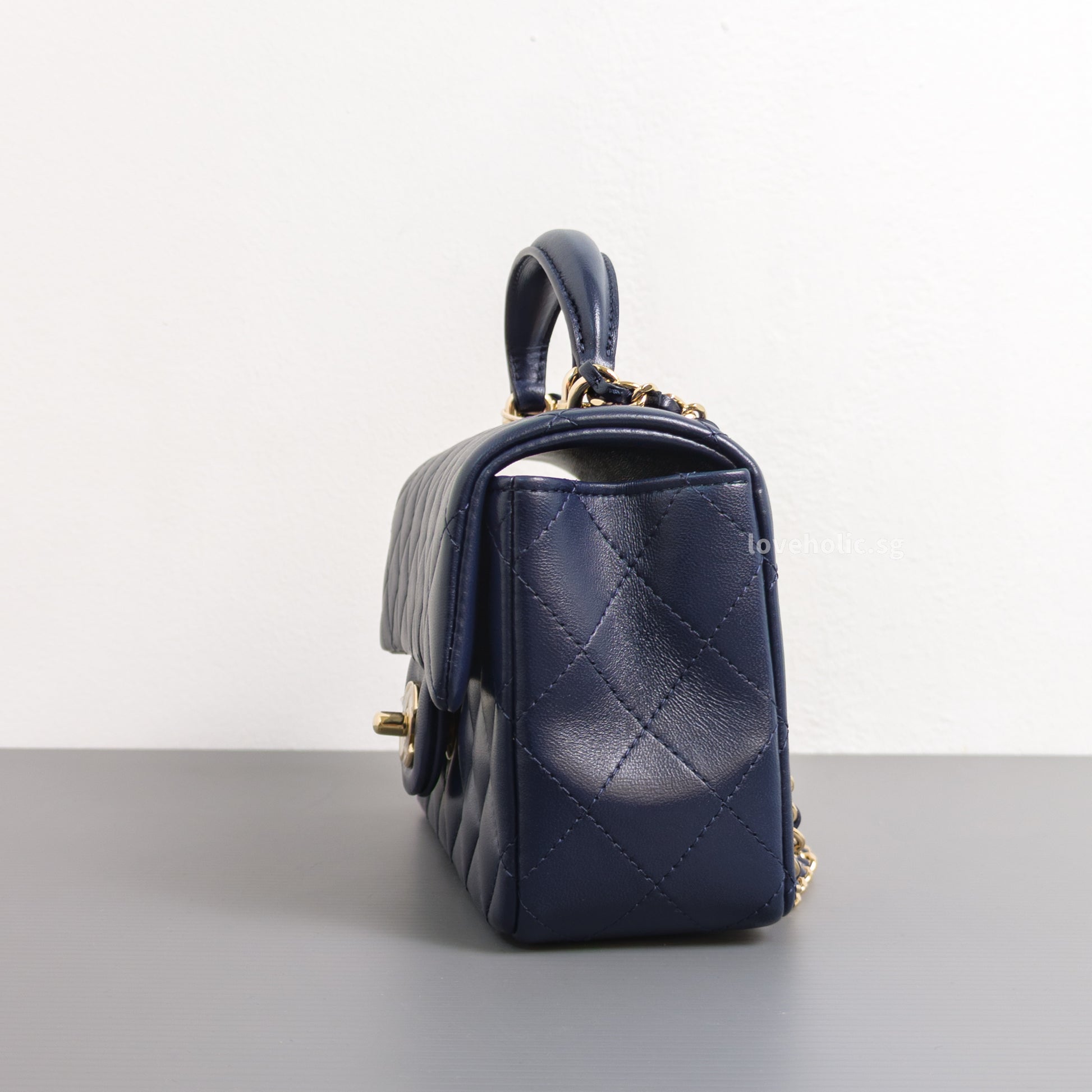 Chanel Mini Rectangle with Top Handle 24P Navy Lambskin Light Gold Hardware-side