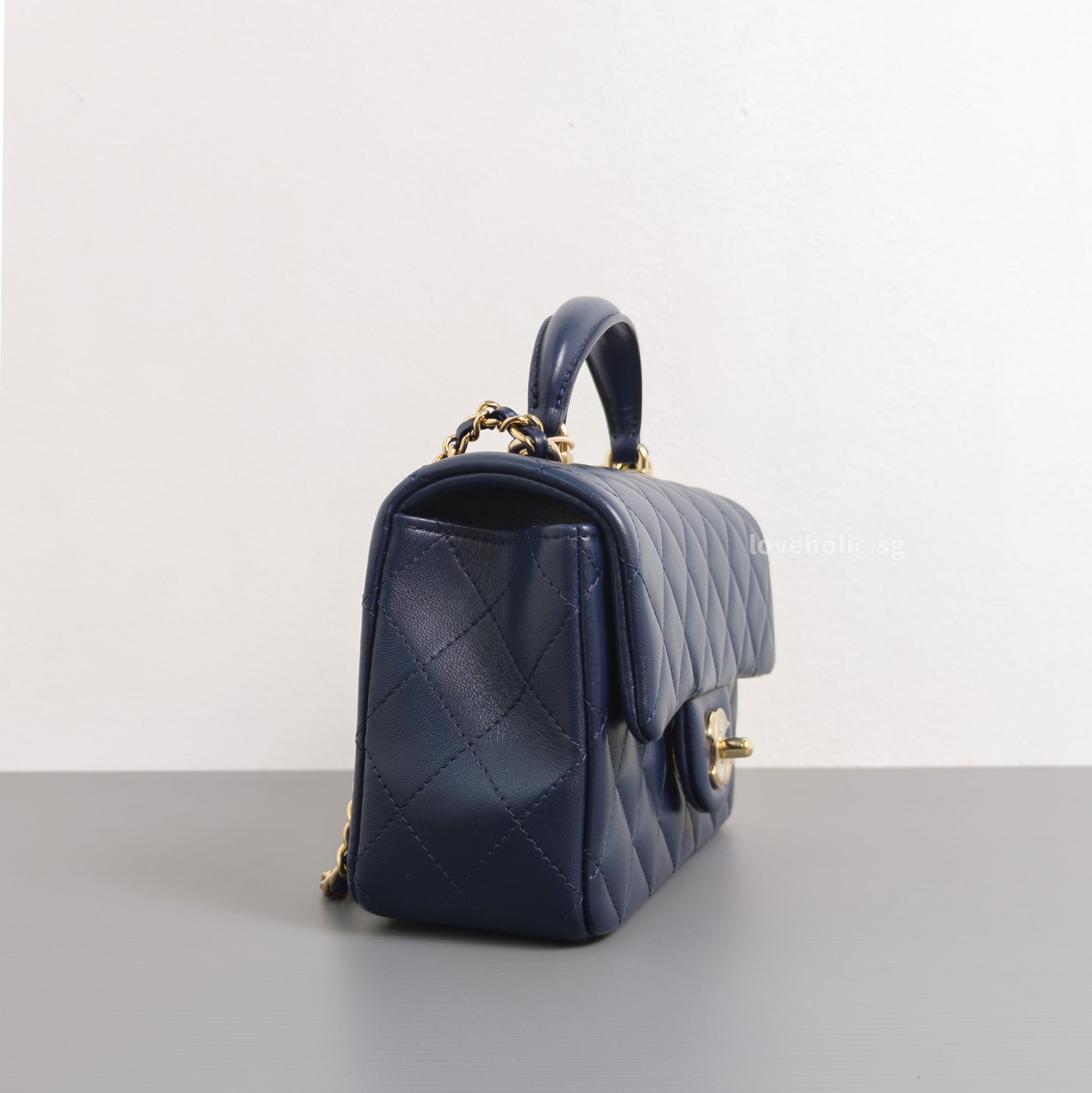 Chanel Mini Rectangle with Top Handle 24P Navy Lambskin Light Gold Hardware-details