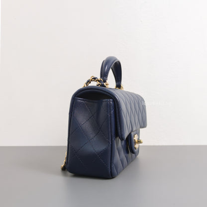 Chanel Mini Rectangle with Top Handle 24P Navy Lambskin Light Gold Hardware-details