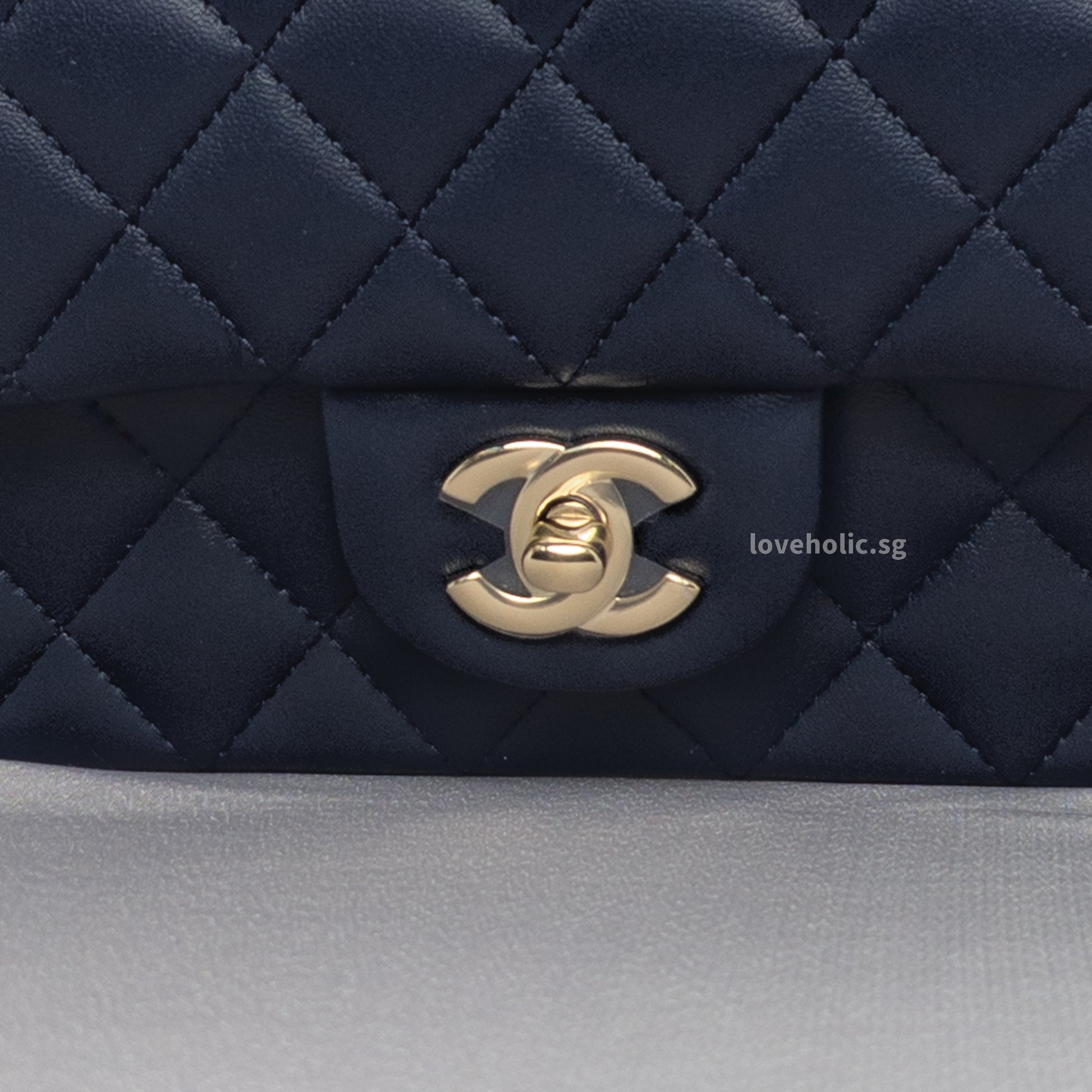 Chanel Mini Rectangle with Top Handle 24P Navy Lambskin Light Gold Hardware-details