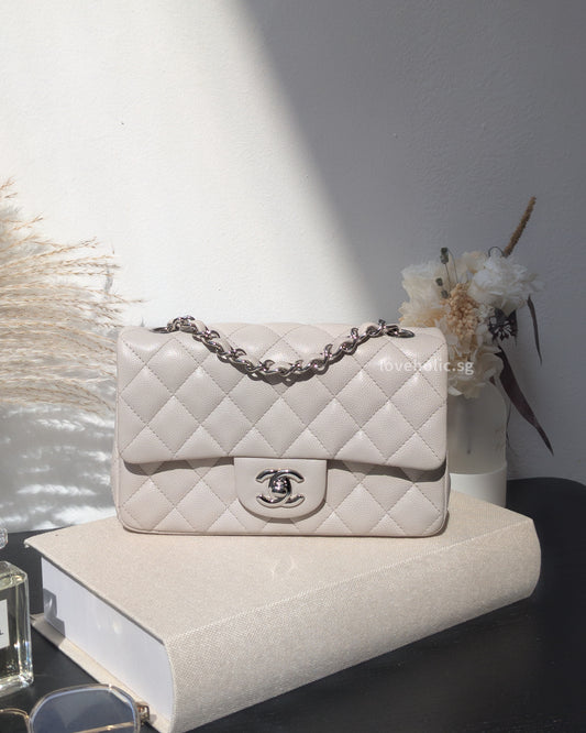 Classic Flap Mini Rectangle | 18B Ivory White Caviar Silver Hardware