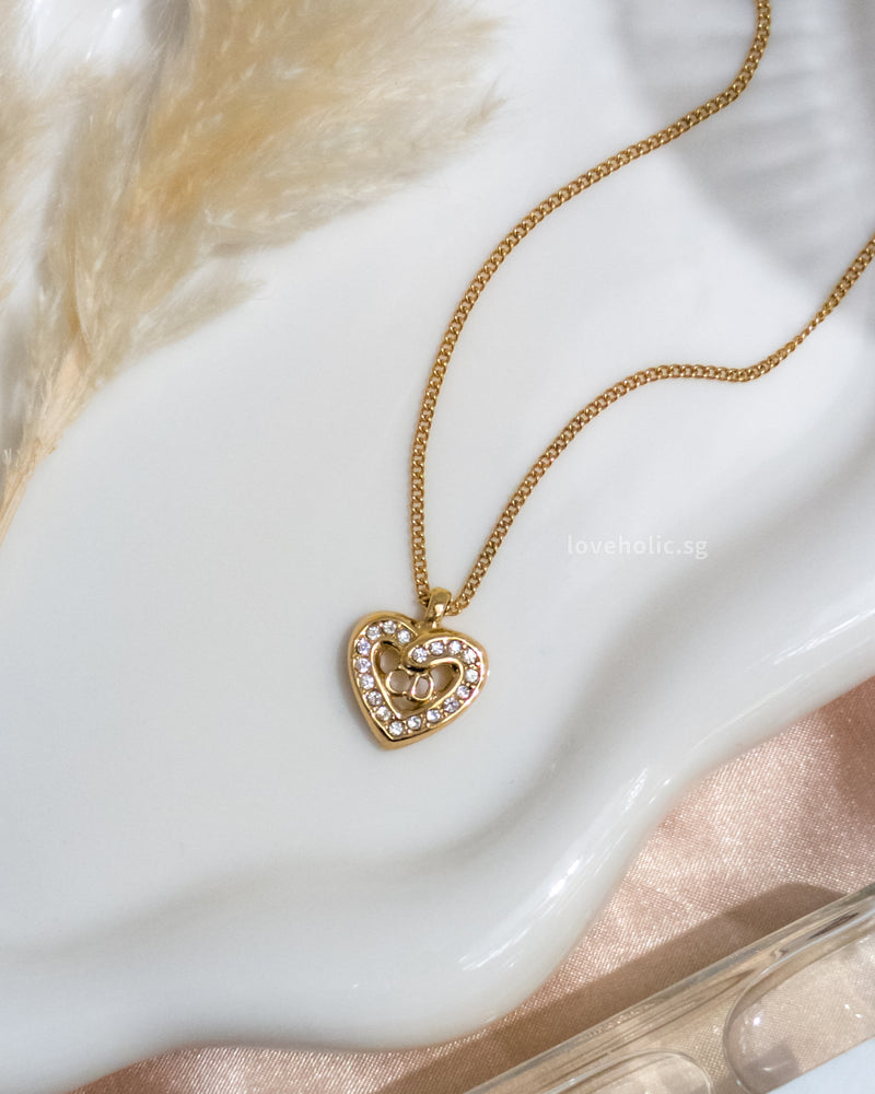 Dior Vintage Necklace Rhinestone Heart | Gold Hardware-front