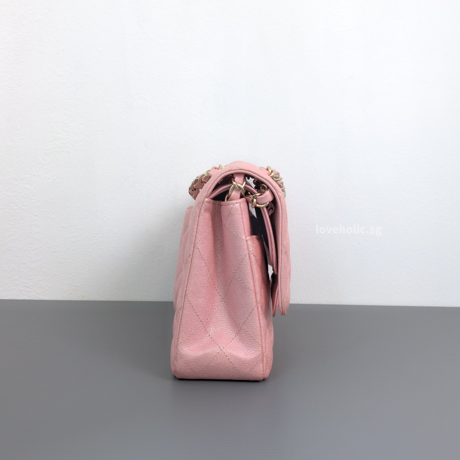 Chanel Classic Flap Medium | 19S Iridescent Sakura Pink Caviar Gold Hardware-side