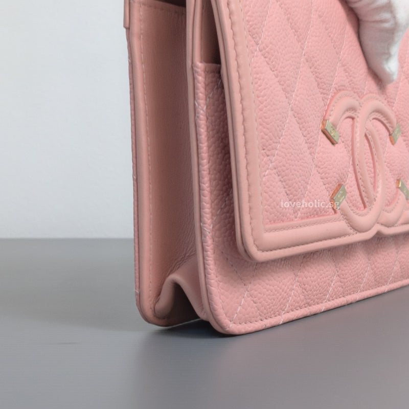 Wallet On Chain Filigree | Sakura Pink Caviar Brushed Gold Hardware