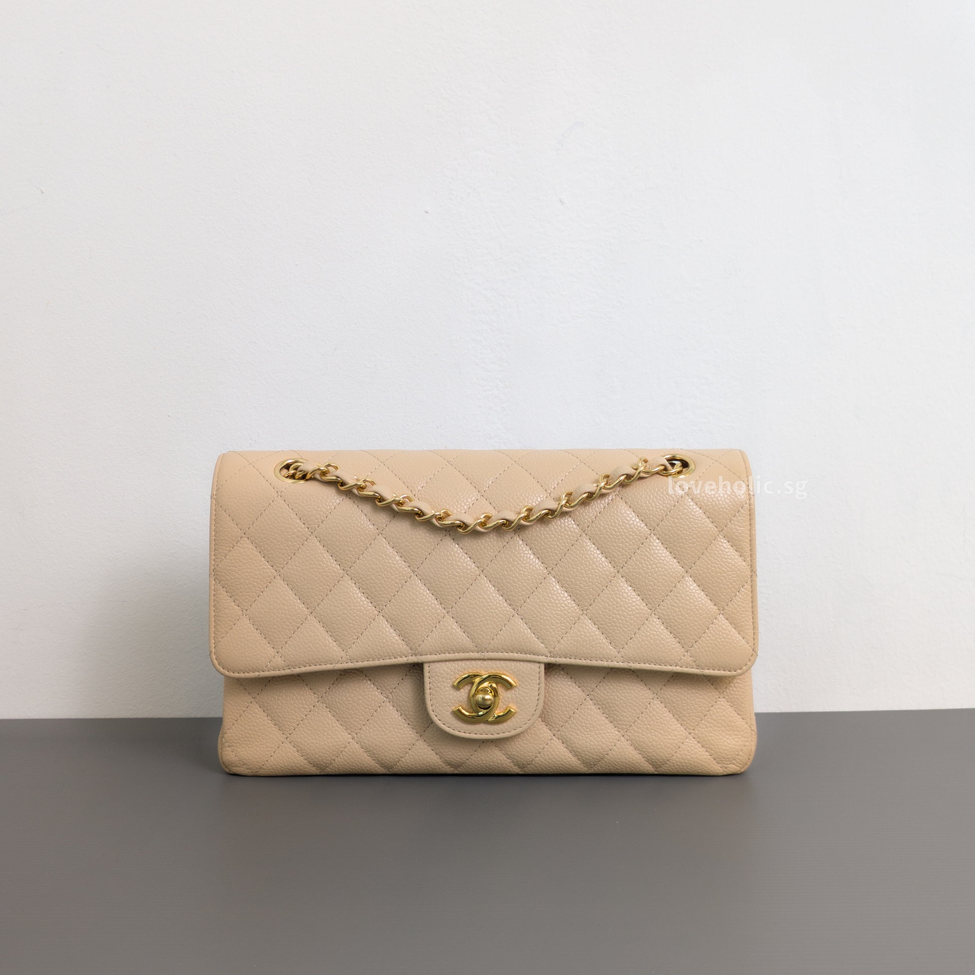 Chanel Classic Flap Medium | Beige Claire Caviar Gold Hardware-front1