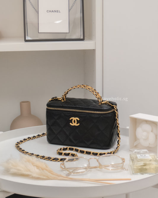 Chanel Top Handle Vanity On Chain 22S Black Caviar Brushed Gold Hardware-front