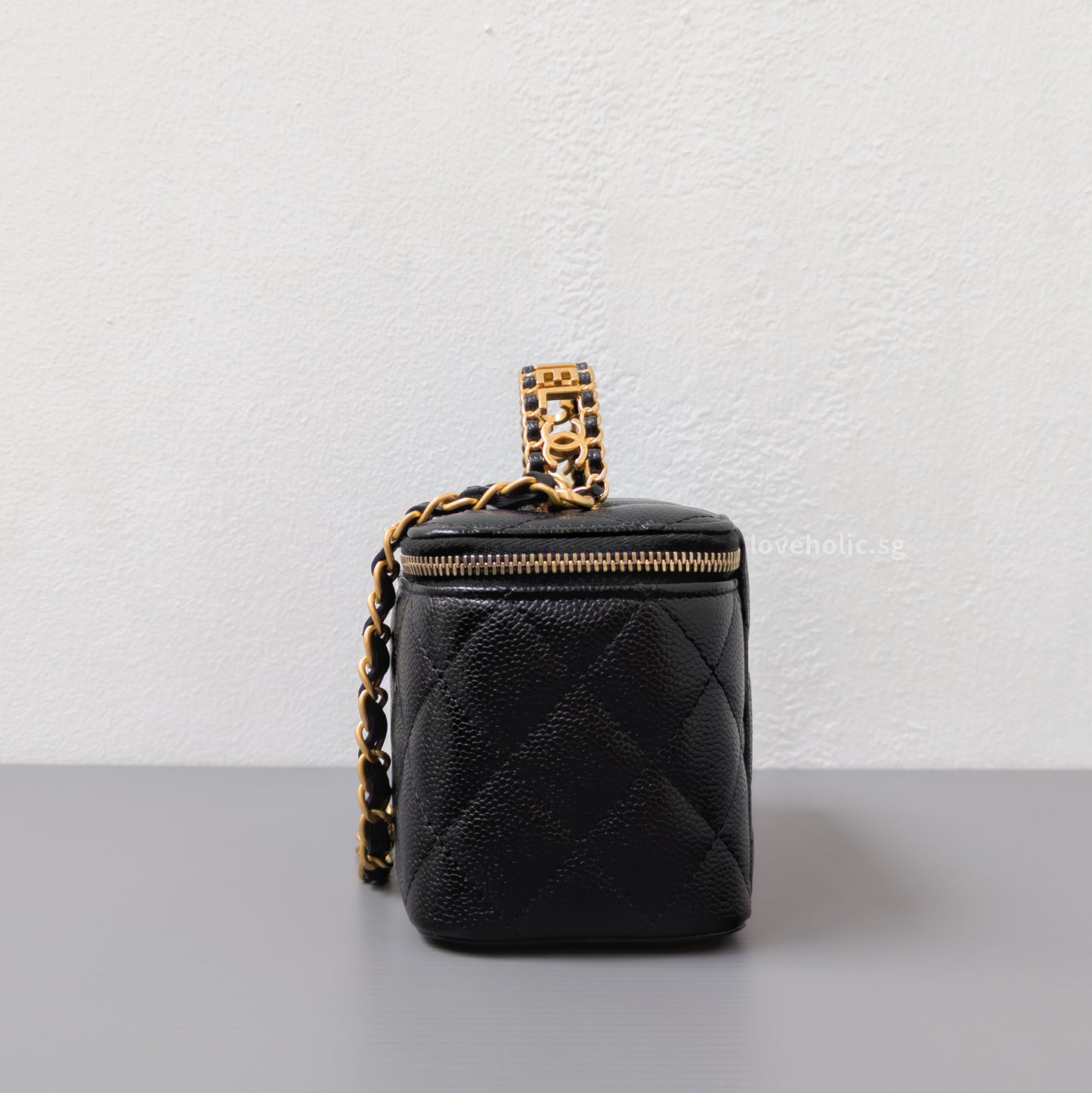 Chanel Top Handle Vanity On Chain 22S Black Caviar Brushed Gold Hardware-side
