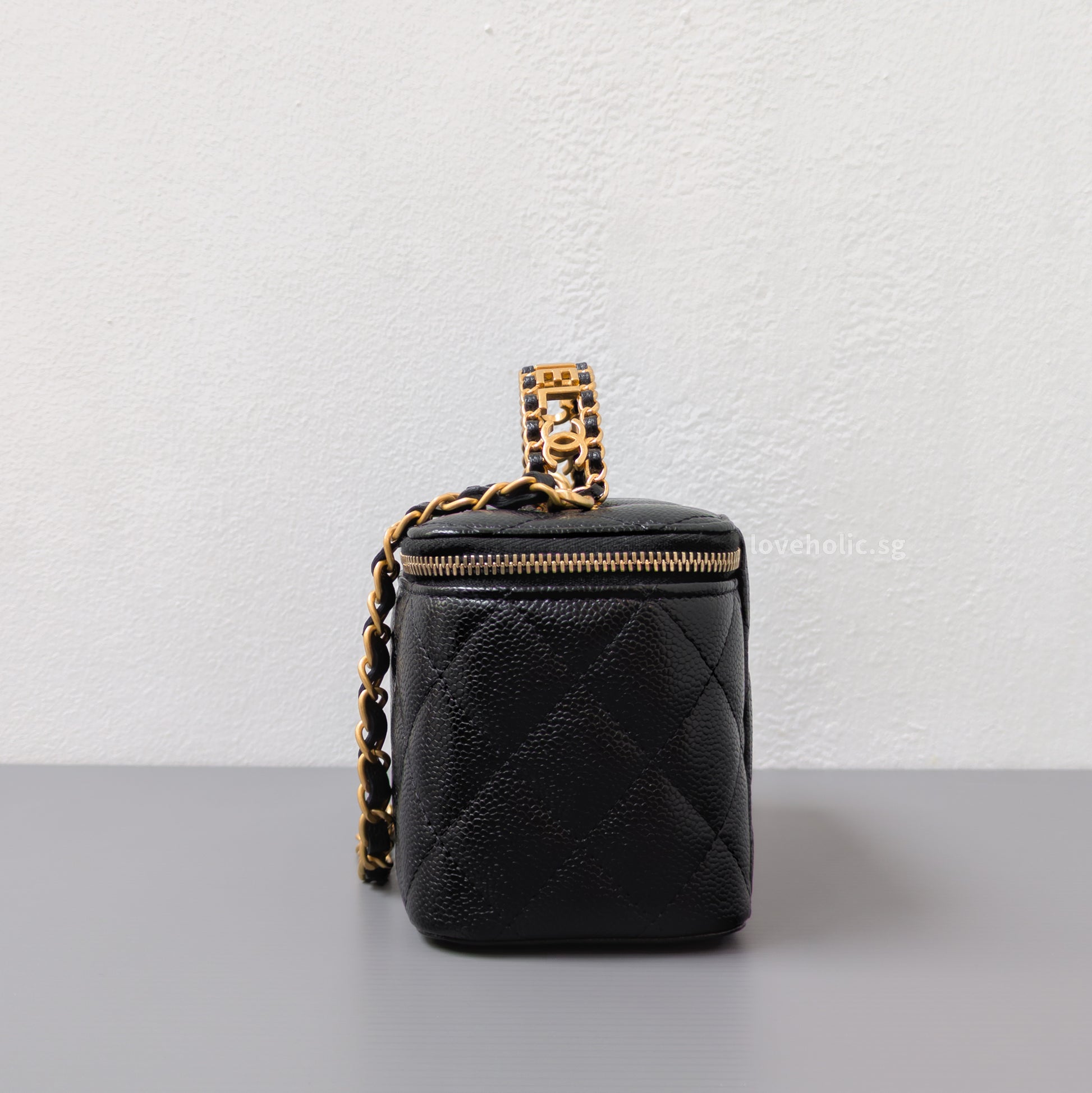 Chanel Top Handle Vanity On Chain 22S Black Caviar Brushed Gold Hardware-side