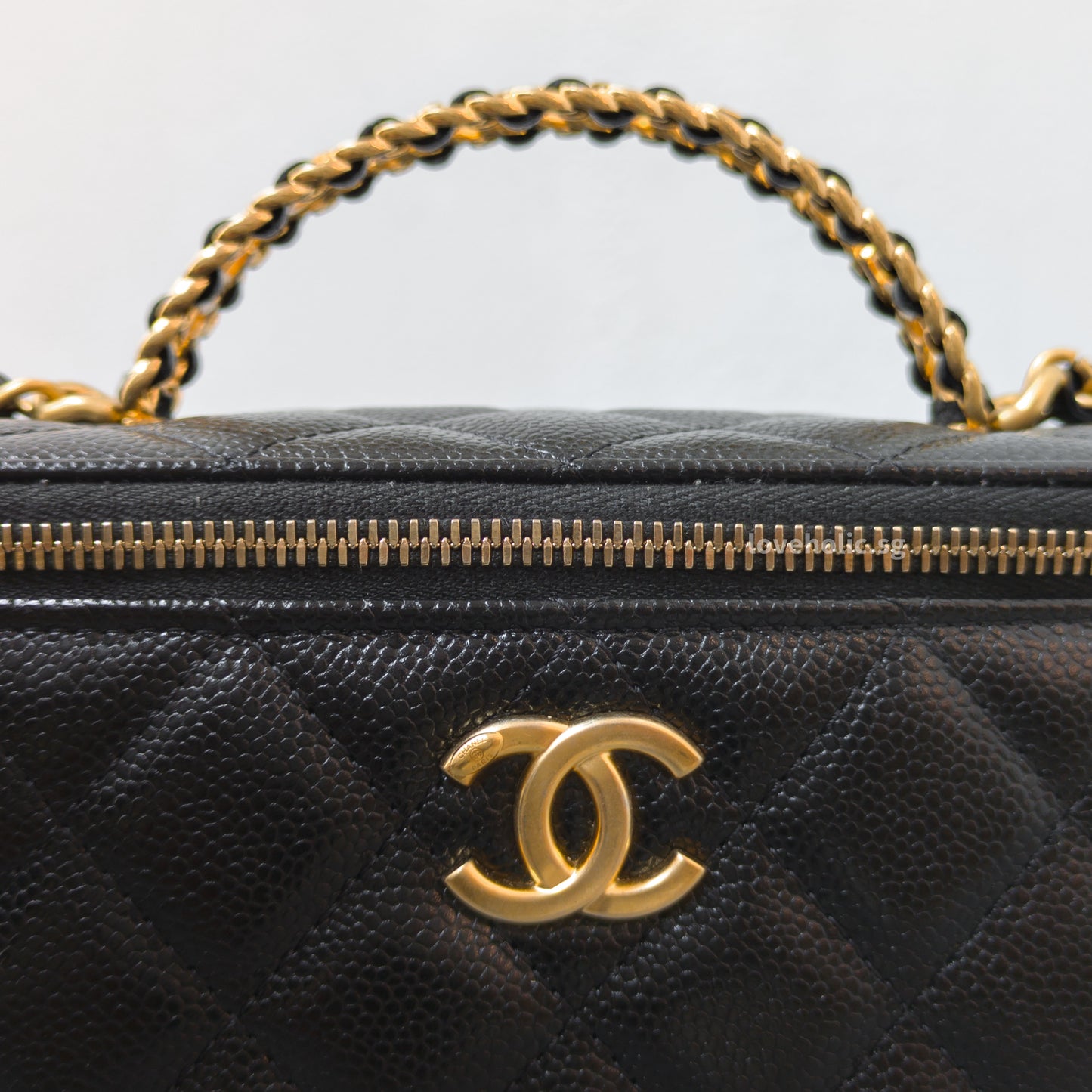 Chanel Top Handle Vanity On Chain 22S Black Caviar Brushed Gold Hardware-details